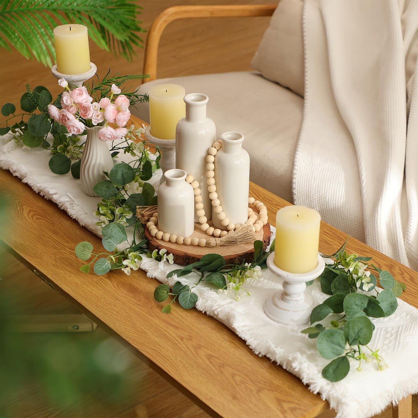 Geelin 6 Pcs Boho Rustic Table Centerpieces, 3 Modern Ceramic Vases, Wooden Slice Tray, Farmhouse Wood Beads Garland with Tassel, Artificial Vines for Dining Home Coffee Table Decor(White)