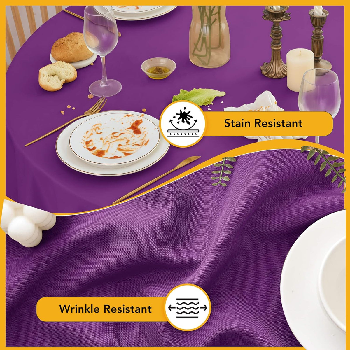 6-Pack Purple Round Tablecloths, 132 Inches, Stain-Resistant Polyester for 6-8 Ft Round Tables - Washable Table Covers for Weddings, Banquets, Birthday Parties, Events