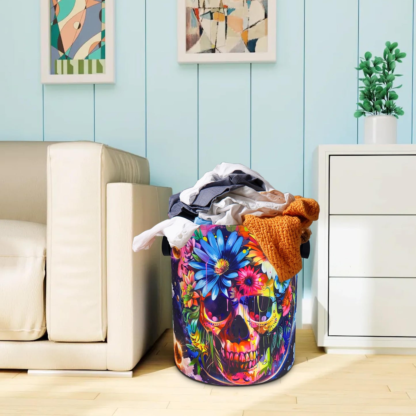 Skull Flowers Laundry Basket Oxford Cloth Funny Skeleton Laundry Hamper With Handle Foldable Portable Clothes Storage Basket 18.9 X 16.5 In Storage Bag For Laundry Room/Bathroom/Bedroom/Dormitories