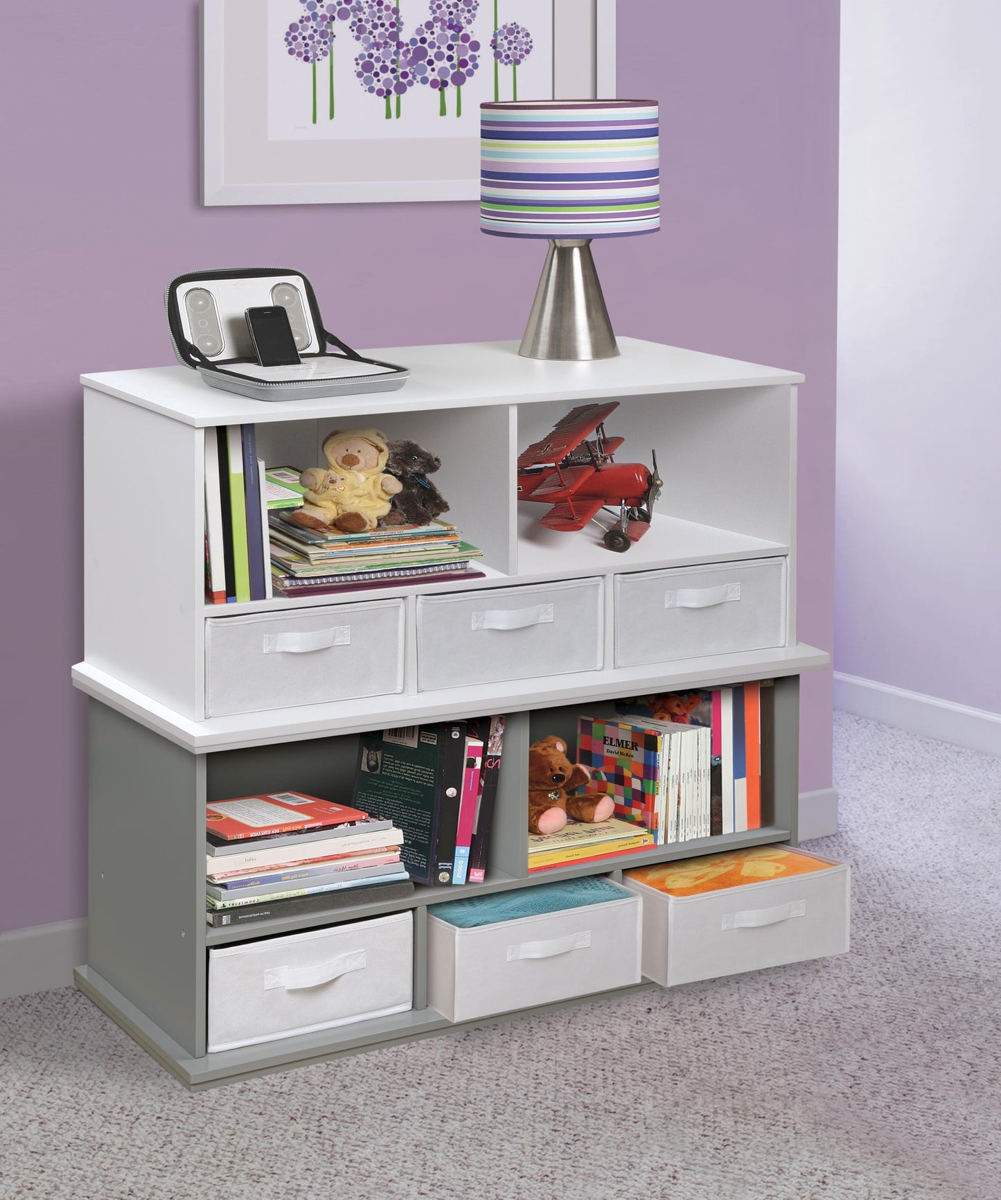 Badger Basket Stackable Toy Storage Organizer - 5-Shelf Modular Unit with 3 Removable Fabric Bins, Solid Panel Construction, Expandable Design for Toys and Crafts - Gray
