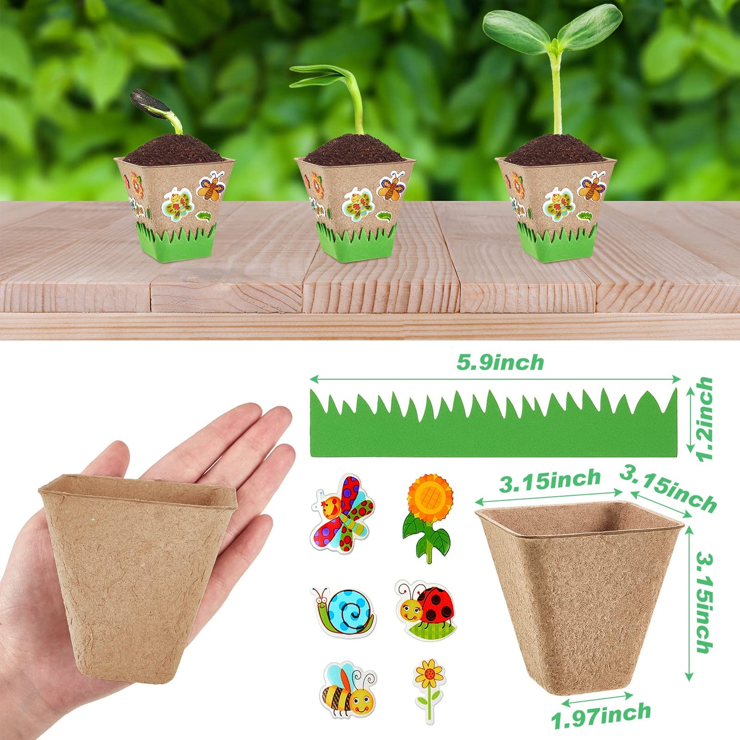 Gueevin 100 Pack Garden Paper Pot Craft Kit Flower Plant Spring Craft Including Peat Plant Pots Adhesive Foam Stickers Pot Stickers EVA Grass for Adults DIY Flower Planting Growing, Square