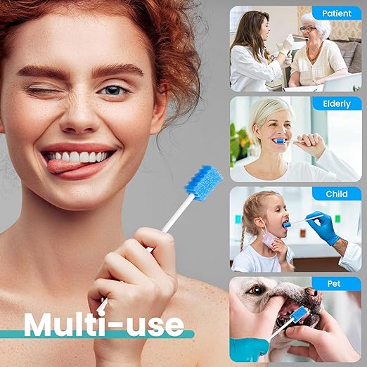 Oral Swabs Disposable 200 Count – Longer Handle Medical-Grade Sponge Mouth Swabsticks, Individually Wrapped - Latex-Free, Non-Abrasive Oral Sponge Swabs for Elderly, Home & Hospital Use (Blue)