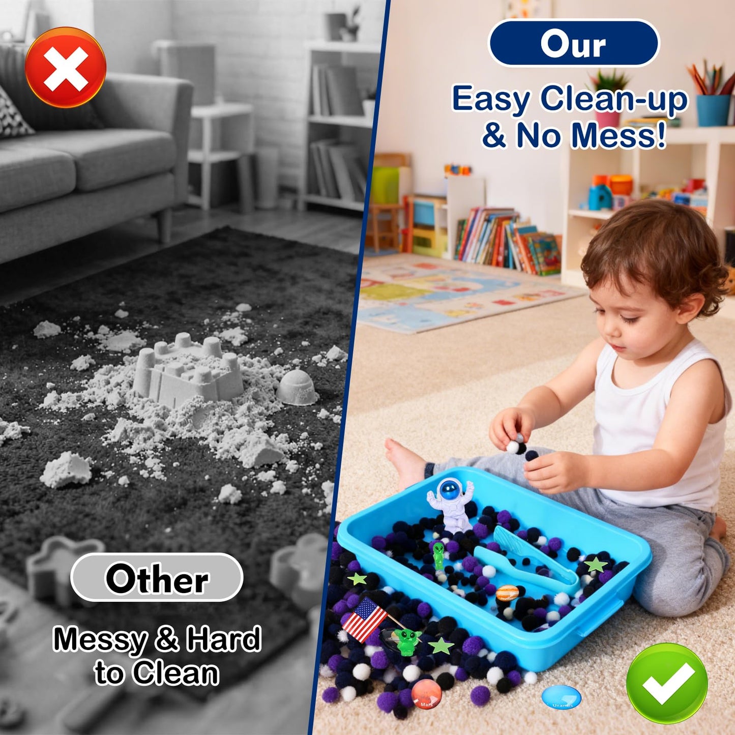 Losnakt Space Sensory Bin for Toddler, Science Themed with 8 Planets & Star Map, No-Mess Soft Pom Poms for Preschool Learning, Gifts for Boys Girls Age 3 4 5 6+