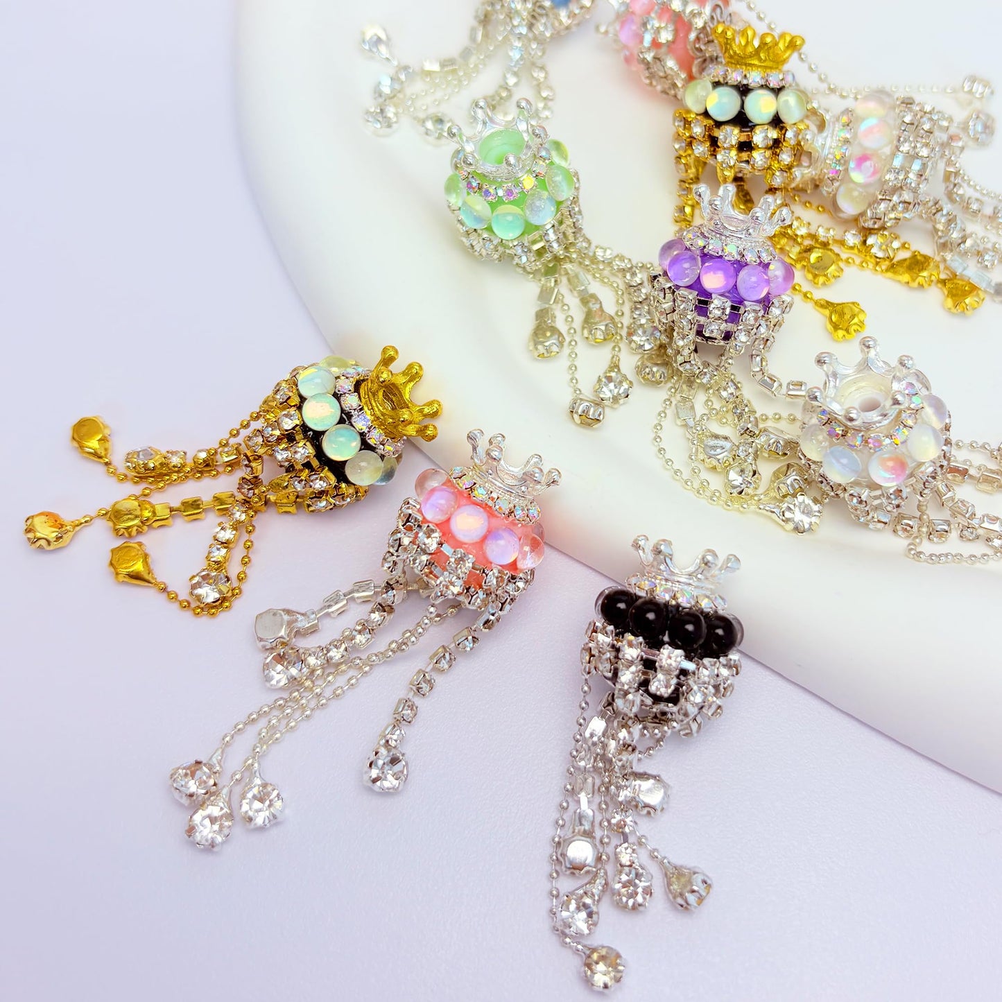 10pcs Rhinestone Focal Beads for Pens, Sparkling Crystal Crown-Shaped Designs with Tassels, Fancy Beads for DIY Jewelry Making Keychains Crafts Holiday Decorations