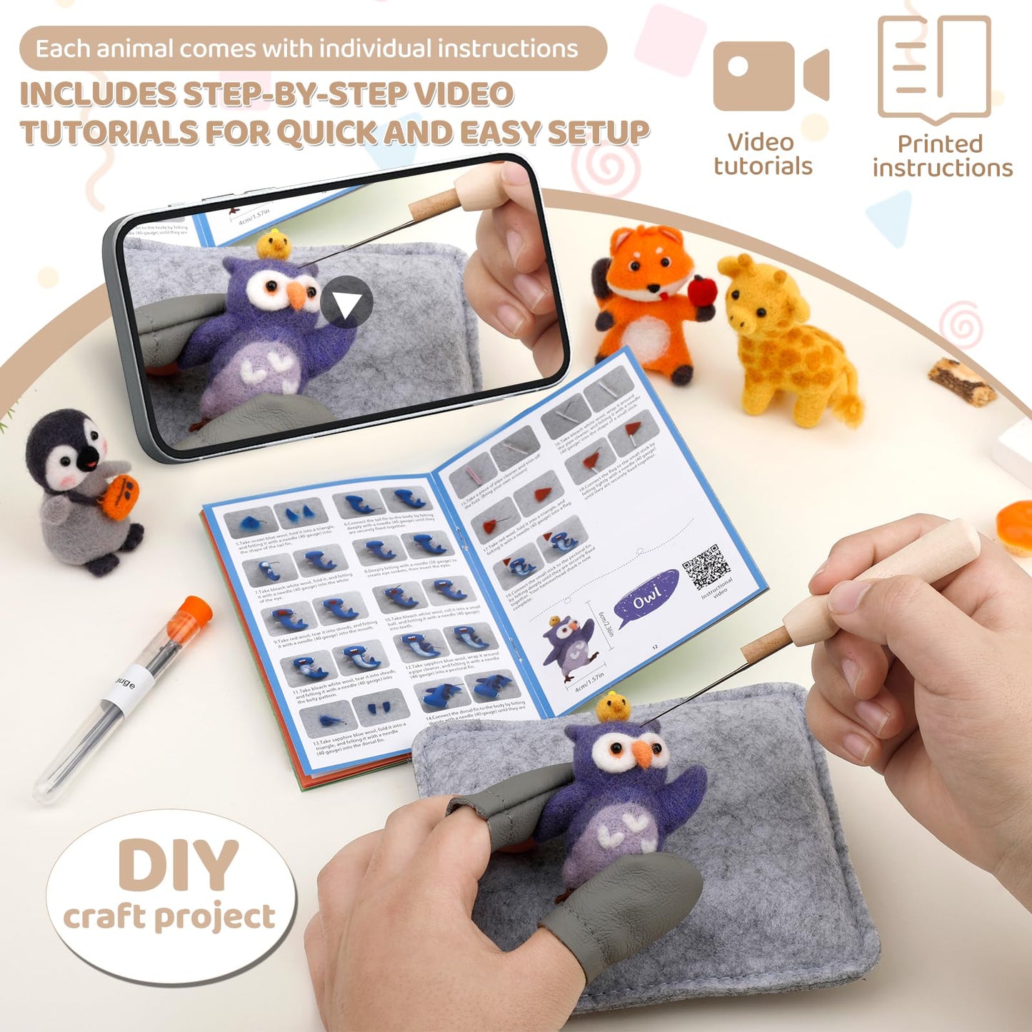 OEHPICC Needle Felting Starter Kit, 7 Cute Buddy Wool Felting Kit, Animal Felt Kit for Beginner Adults with Felting Needles and Instructions for DIY Felting