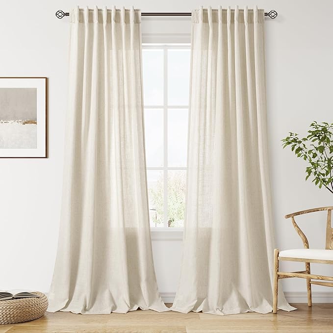 Nanspring Vanilla Linen Curtains 96 Inches Long for Living Room Modern Farmhouse Decor Luxury Light Filtering Semi Sheer Curtain Back Tab Coastal Drapes for Bedroom Office 52x96, 2 Panels