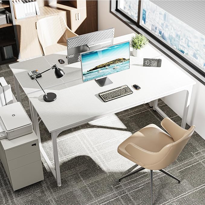 Huuger Computer Desk, 63 Inch Office Desk, Gaming Desk with Storage, Writing Desk Work Desk for Home Office, Study, Modern Simple Desk, Large Legroom, Metal Frame, White