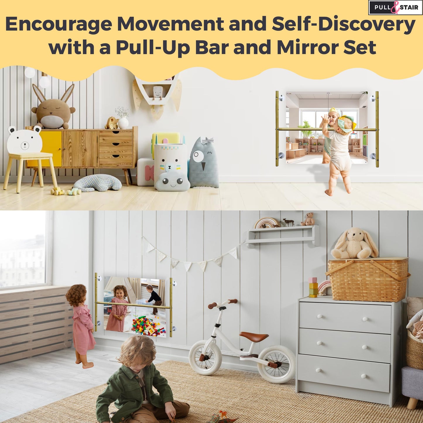 Montessori Coordination Mirror Set - Pull Up Bar and Mirror for Babies, Toddlers | Develop Motor Skills Self-Discovery | Hardware Included | Plexiglass Acrylic Safety & Powder Coated Steel Bar