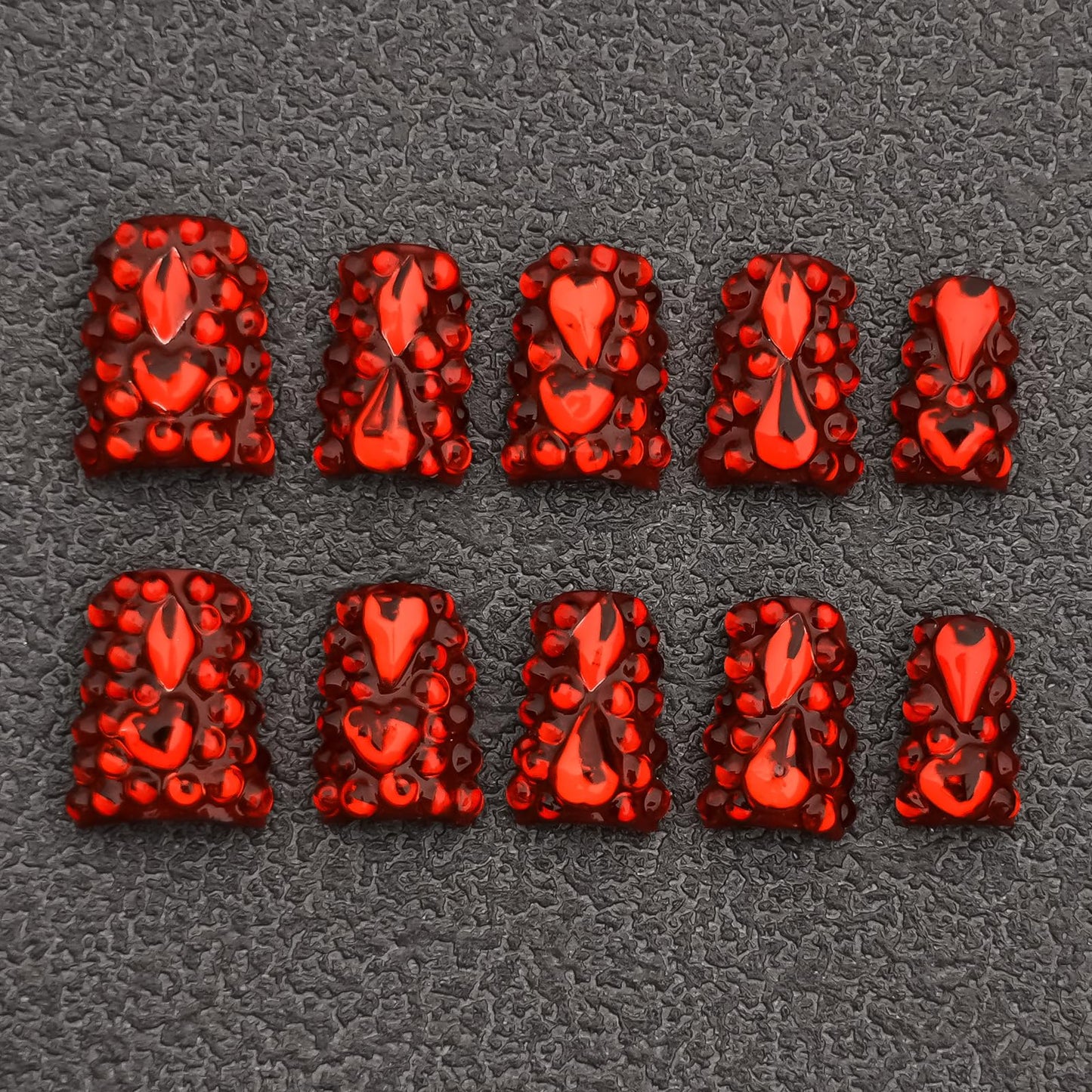 Tesytto Red Chrome Press on Nails Short Duck, Full Rhinestones Red Heart Fake Nails 3D Luxury Acrylic Duck Nails Thickened False Nails (Crimson Glimmer Enchant,M)
