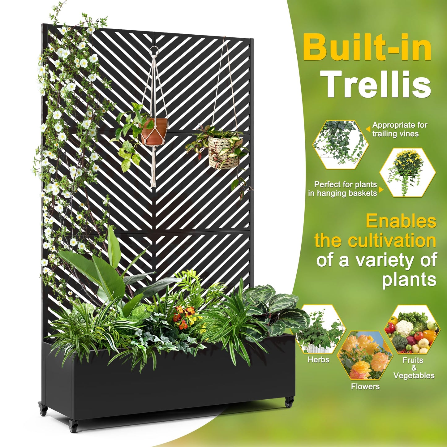 FENCY Metal Raised Garden Bed with Wheels and Trellis,73"x47"x16" Planter Box for Climbing Plants, Vegetables & Vines, Features Privacy Screen and Drainage Holes (Black-Arrow)
