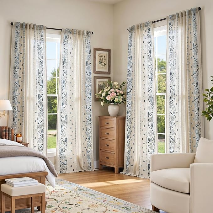 jinchan Winslow 4 Panel Curtains Set 84 Inch Length Embroidered Bordered Floral Curtains for Living Room Farmhouse Decor Light Filtering Window Treatments Blue on Beige Drapes 4 Panels
