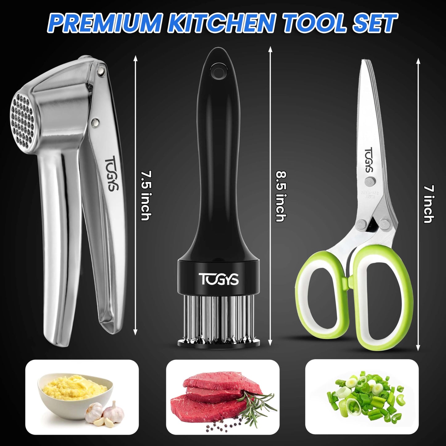 TOGYS 3-in-1 Premium Kitchen Tool Set - Heavy Duty Stainless Steel Garlic Press, Herb Scissors & Meat Tenderizer - Rust-Proof, Dishwasher Safe Cooking Gadgets - Ideal Gift for Home Chefs