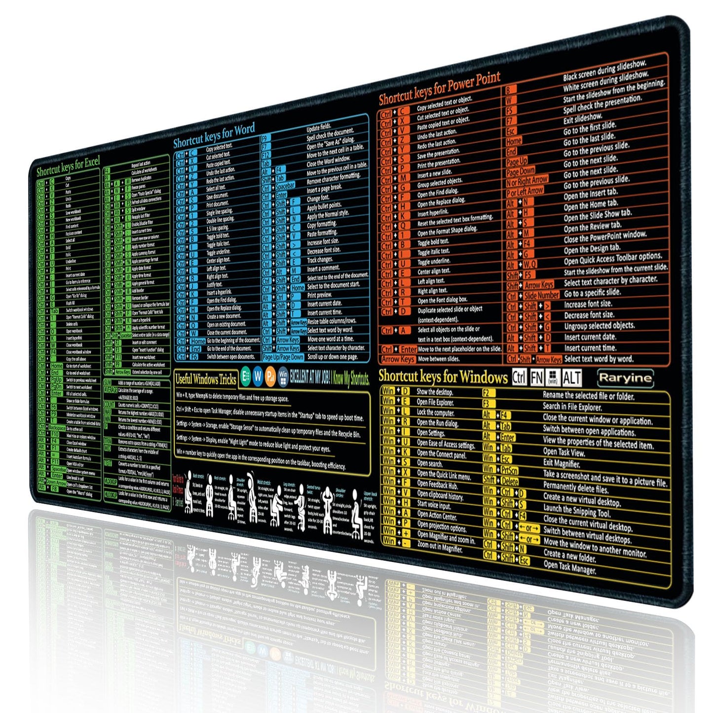 Raryine Excel/Word/Power Point/Windows Mouse pad,Non-Slip&Waterproof Large Gaming Office pc Desk mat(XXL 35.4x15.8 in),Over 200 Keyboard Shortcuts Mousepad