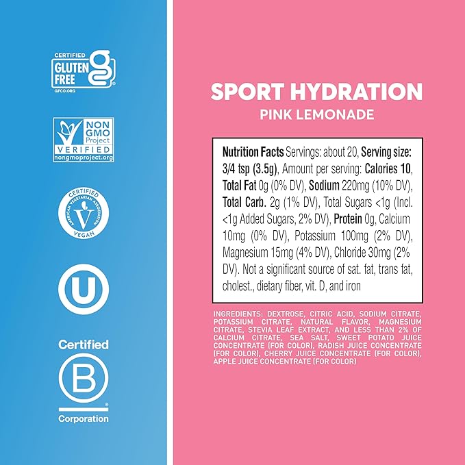 Nuun Sport Electrolyte Powder Drink Mix with Magnesium, Calcium, Potassium, Chloride, and Sodium, Pink Lemonade Flavor, Gluten Free & Vegan, Up to 20 Servings