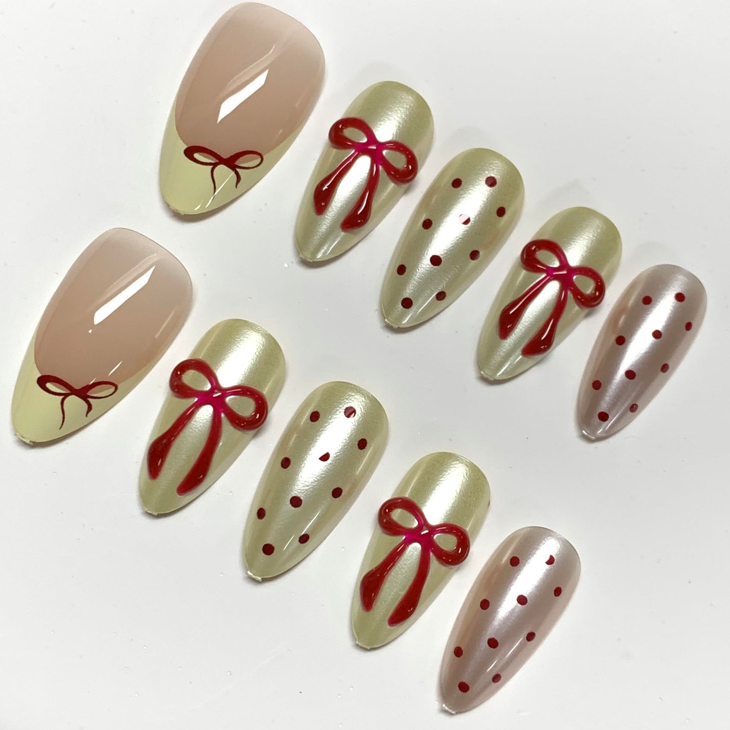 BABALAL Press On Nails, Medium Almond Fake Nails, Butter Yellow, Polka Dot, Chrome Pearl Design, 3D Red Bow, Glossy Acrylic Glue On Nails 24Pcs