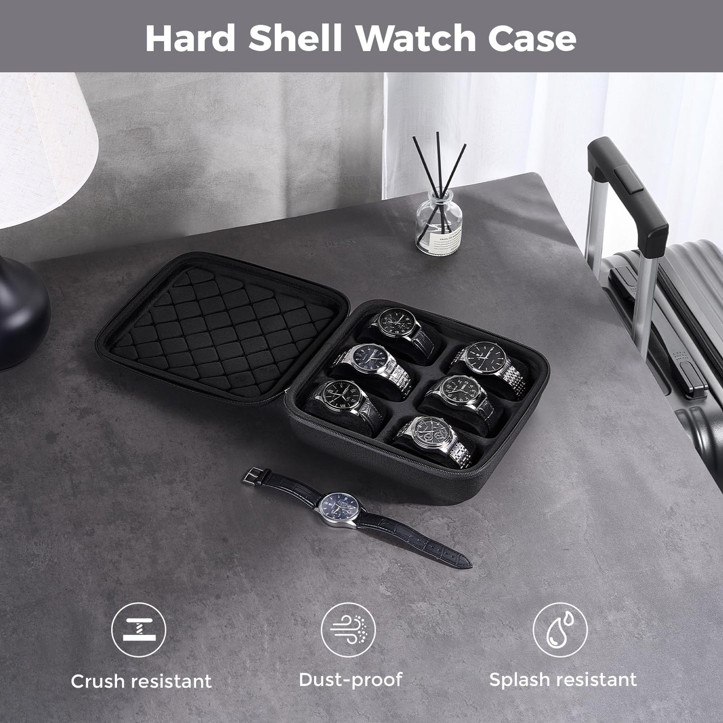ProCase Travel Watch Case, 6 Slots Hard Shell Storage Box for Watch Bracelet Accessories, Zippered Organizer Bag Valentine's Gift for Women Men -Black