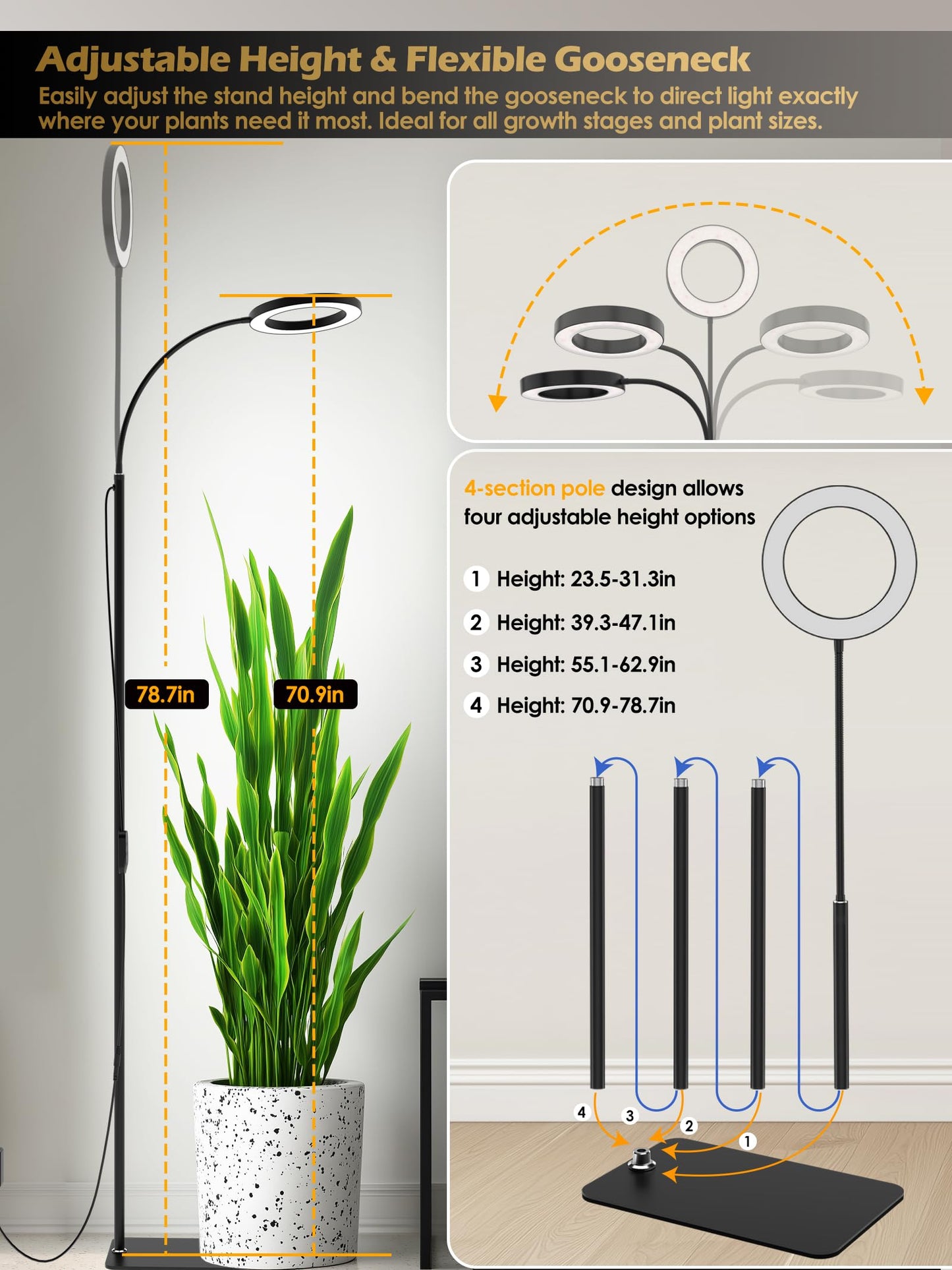 GLOWRIUM Grow Lights for Indoor Plants, Full Spectrum LED Grow Light, Stepless Dimming,3 Lighting Mode and Adjustable Height, Plant Light with 3/9/12/16H Timer (Black, 24W)
