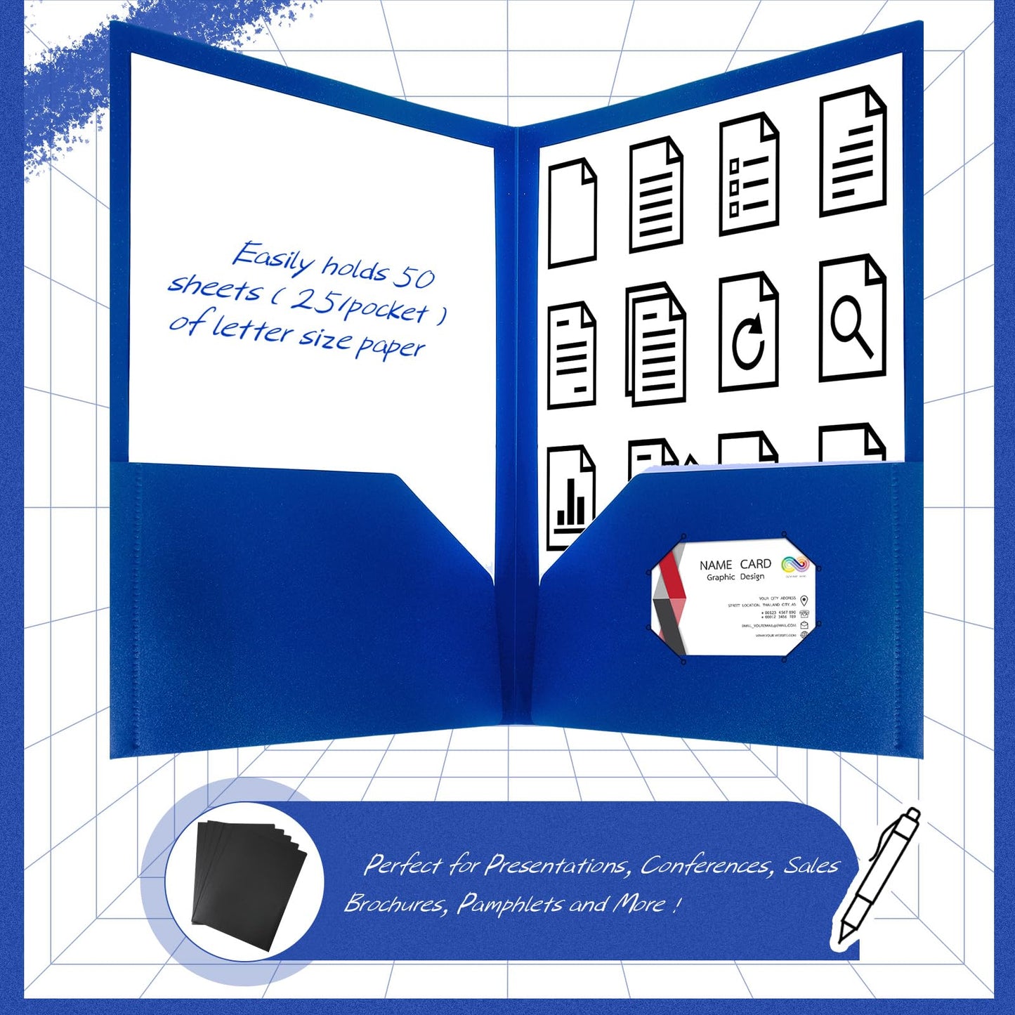 Patelai 50 Pack Plastic Folders with Pocket Bulk 2 Pocket Heavy Duty Letter Size Folders Business Card Holder for School Office File(Blue)
