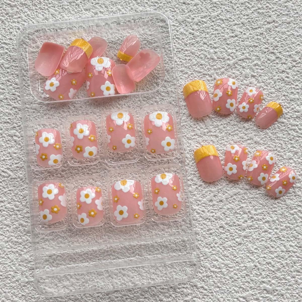 French Tip Press On Nails Short Square Fake Nails Spring False Nails With Flower Design Summer Press Ons Acrylic Full Cover Glue On Nail Stick On Nail For Women Manicure 24pcs