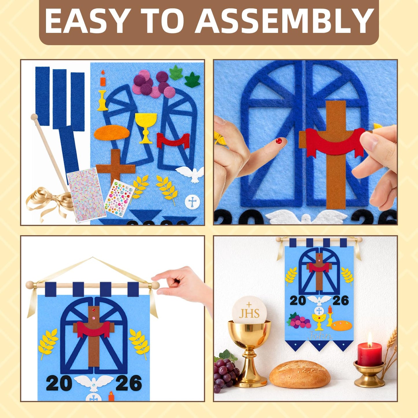 DIY First Communion Felt Banner Kit 9 x 12 Inch First Holy Communion Banner with Diamond Gem Stickers for Kids Sunday School Church Activity Baptism Party Decoration