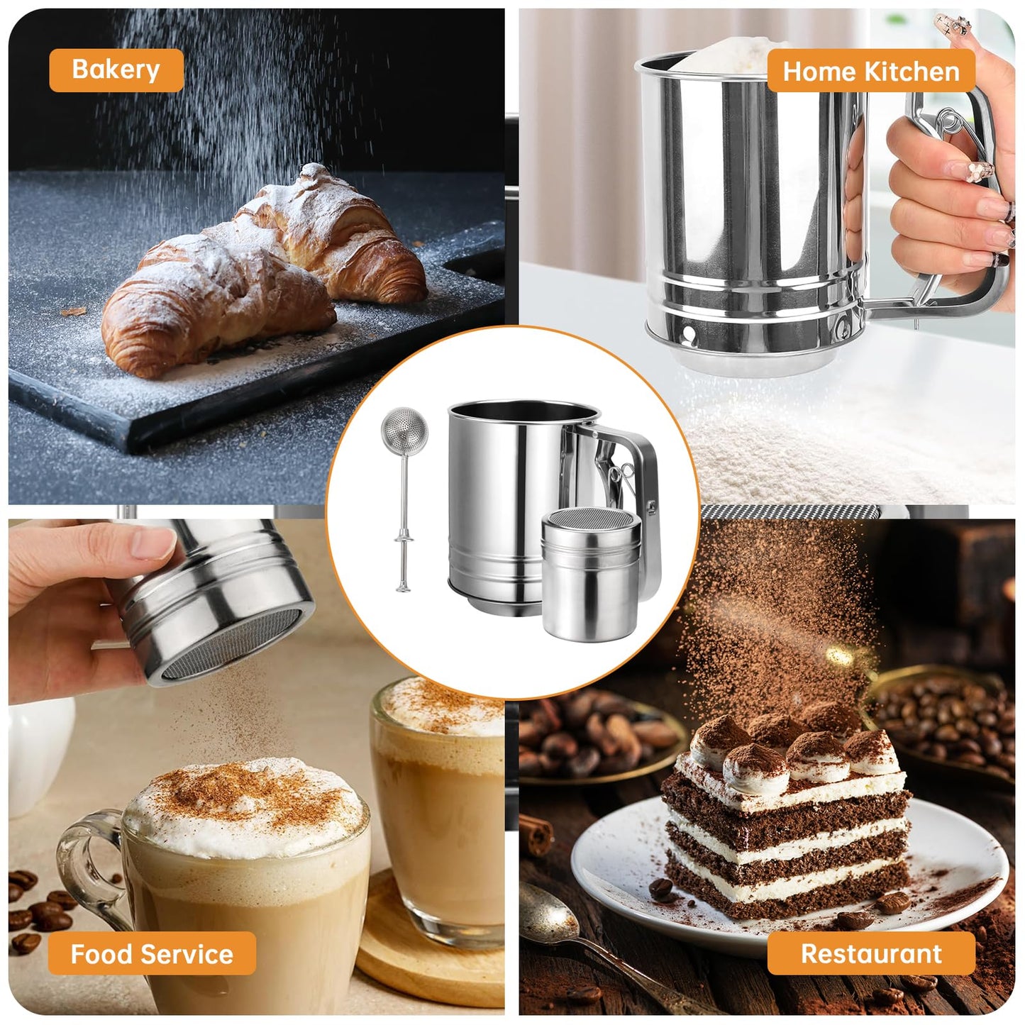 Flour Sifter, 3 in 1 Stainless Steel Sifter for Baking, 3 Cup Double Layer Fine Mesh Sifter, Powdered Sugar Shaker Duster Set for Baking Cakes, Pastries, Pies, Cupcakes and Desserts