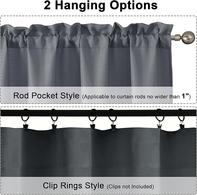 Chyhomenyc Dark Grey Valance for Windows, Faux Linen Slub Textured Semi Sheer Small Cafe Valance for Kitchen Bathroom Laundry Basement, 30Wx14L inch, 2 Piece