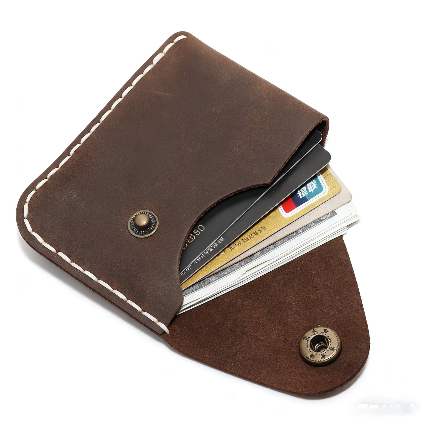 Handmade Genuine Leather Card Holder with Snap Closure - Ultra Slim Minimalist Wallet, Hand-Stitched Compact Front Pocket Card Case for Men & Women (Dark Coffee)