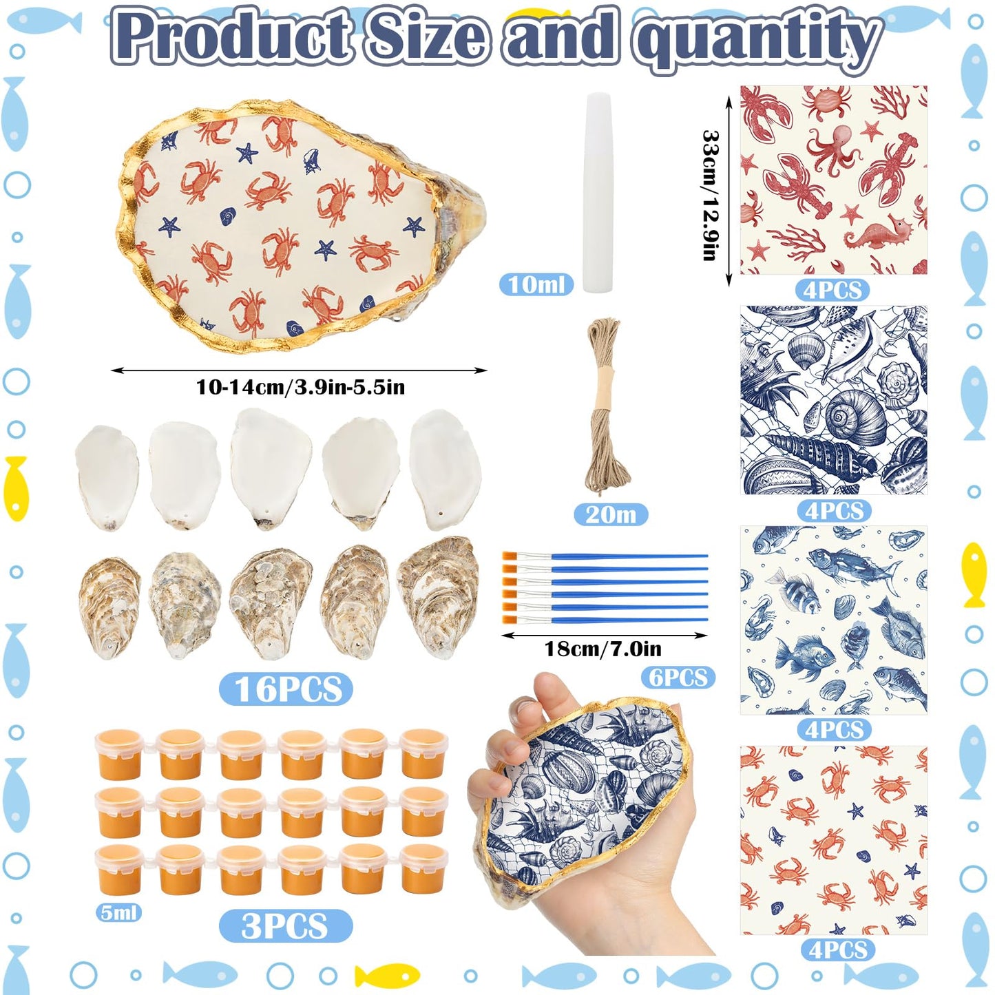 ForraFun 16 Set Beach Oyster Shells for Crafts 4-5 Inch Large Seashells with Holes for Crafting Summer Flat Oyster Shell Kits with Decoupage Napkins Glue Paints Twine Brushs