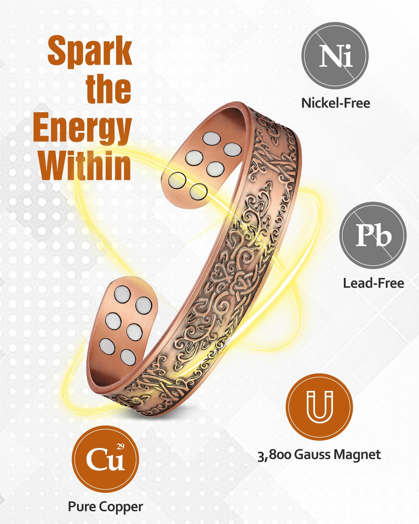 Jecanori Copper Bracelet for Men, 99.99% Pure Copper Magnetic Bracelets for Men with 3,800 Gauss Magnets