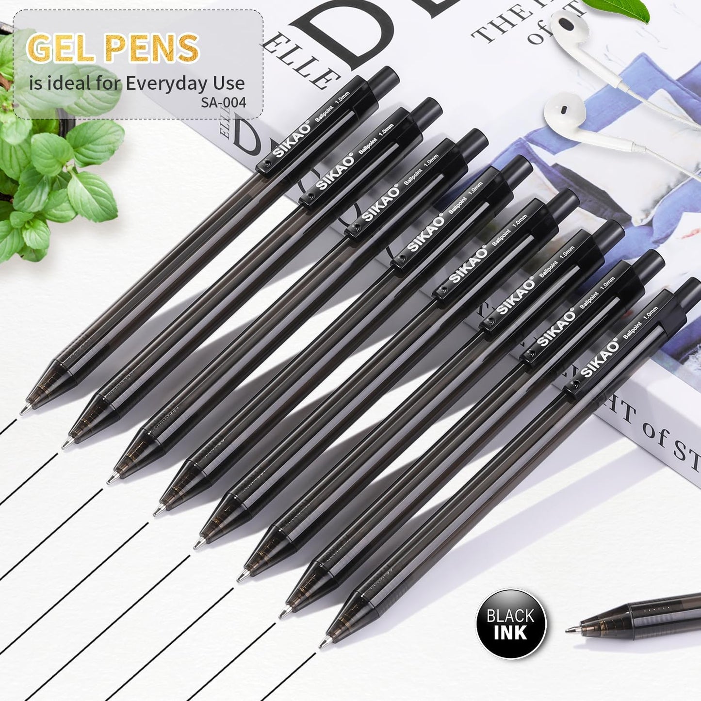 Sikao Black Gel Pens Bulk, 60 Pack Retractable Black Gel Ink Pens, 0.7mm Fine Point Smooth Writing No-Smear Gel Pens for Office, School, Teachers, Students & Restaurant Servers, Front Desks