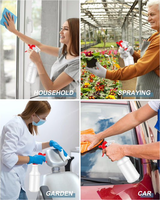 Eccliy 20 Pack 16oz Empty Spray Bottles, Leakproof Cleaning Bottles with Measurement and Adjustable Nozzle for Housekeeping, Commercial Use(Cylinder,Red White Spray Head)
