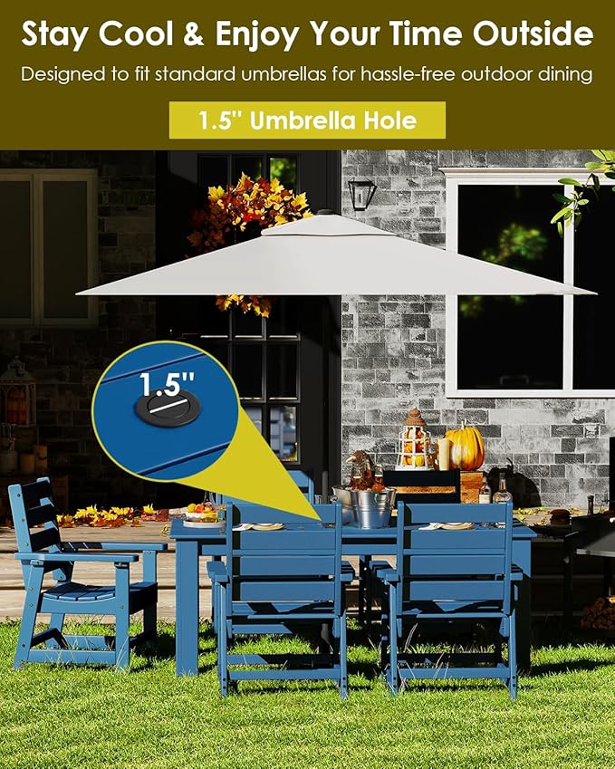 GREENVINES Outdoor Dining Table | 67’’ | HDPE | Rectangle Tables for 6 | All-Weather | Umbrella Hole | Patio Furniture | for Poolside Backyard Garden | Blue
