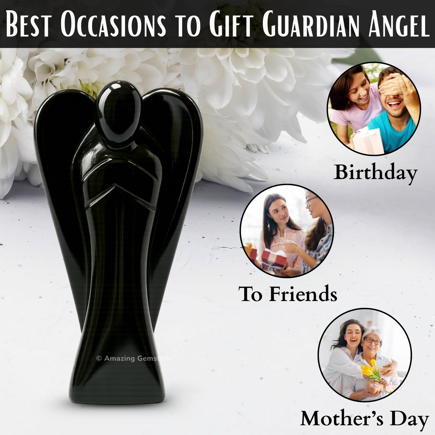 Amazing Gemstone Black Agate Angel - Black Agate Crystal Angel and Pocket Guardian Angel Crystal Figurines (3 Inches)
