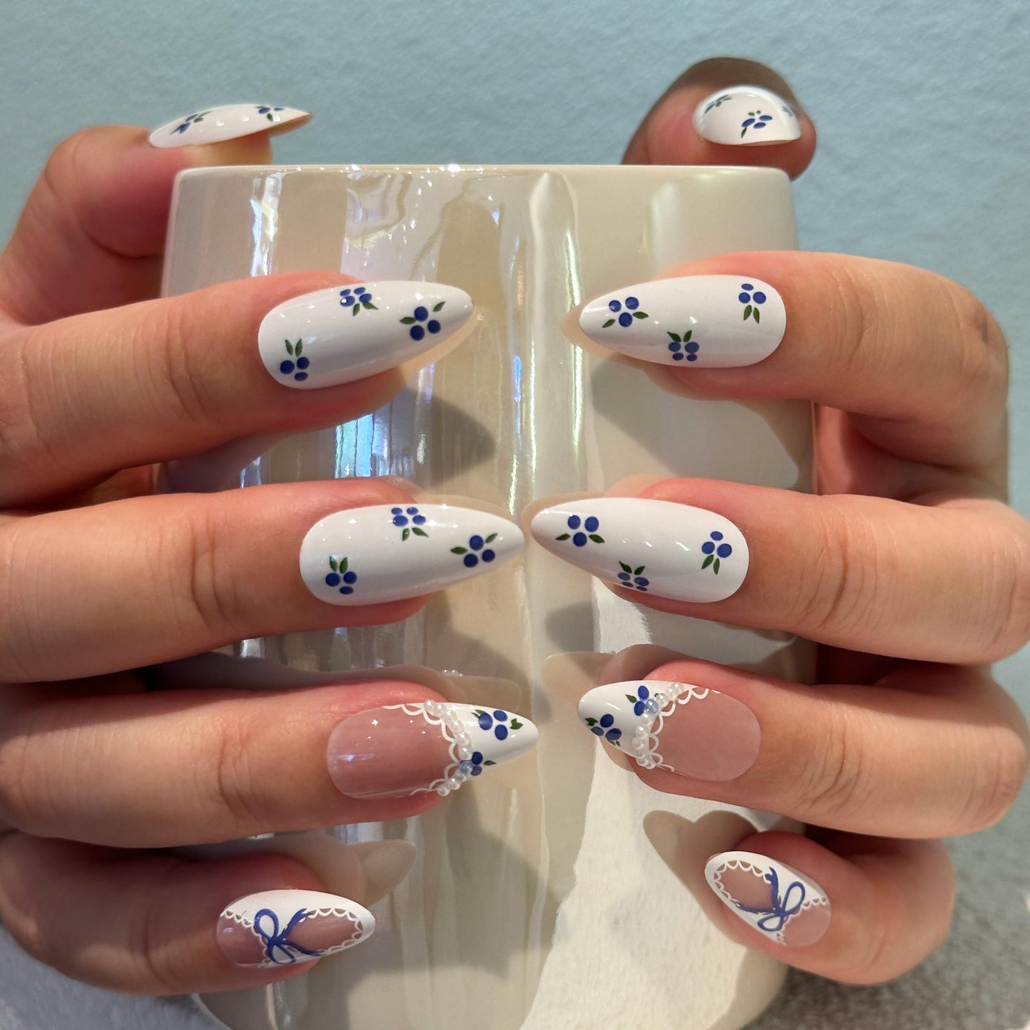 COOCRENAILS Pearl-Framed French Press-On Nails, Blueberry pattern with Lace Detailing, Reusable Adhesive Tabs for Effortless Salon Manicure, 12 Sizes-24Pcs