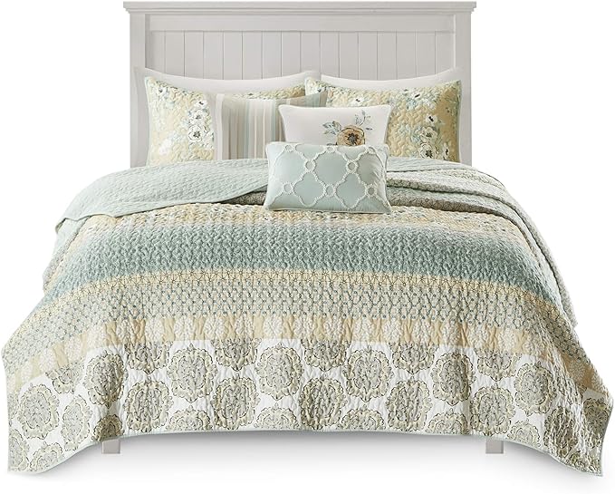 Madison Park 100% Cotton Quilt Set Floral Print, Double Sided Stitching, All Season, Lightweight Coverlet Shabby Chic Bedding Layer, Matching Shams, King/Cal King(104"x94"), Green Yellow 6 Piece