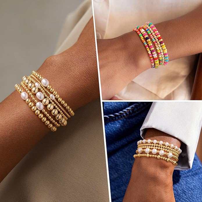 M MOOHAM Gold Beaded Bracelets for Women - 14k Real Gold Plated Beaded Pearl Bracelet Set Stack for Women Trendy Non Tarnisn, Adjustable Stretch Bracelet Jewelry Gifts for Teen Girls Women