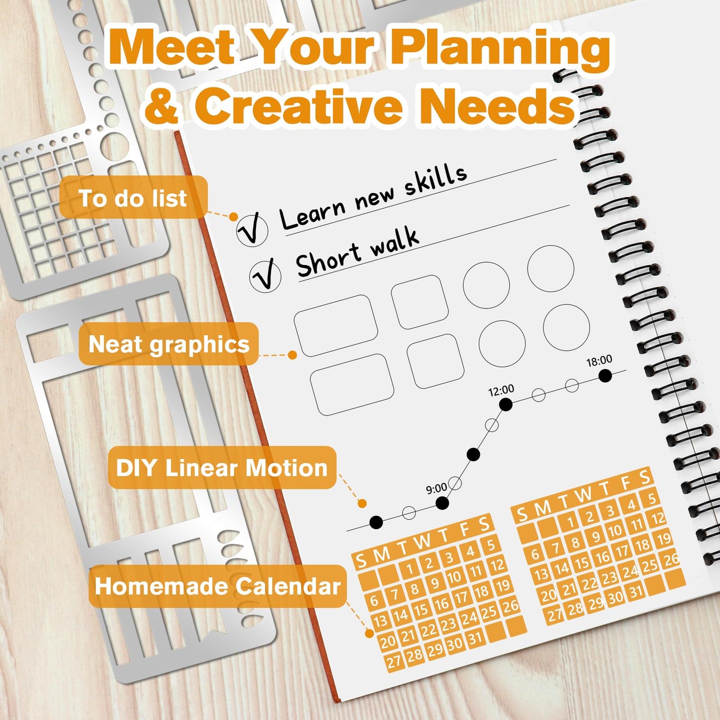 3 Pcs Record Template Metal Planner Stencils for Journaling 5.2X2.3 Inch Flexible Journal Template Stainless Steel Calendar Stencil for Weekly Spread Checklist Drawing DIY Crafts Supplies