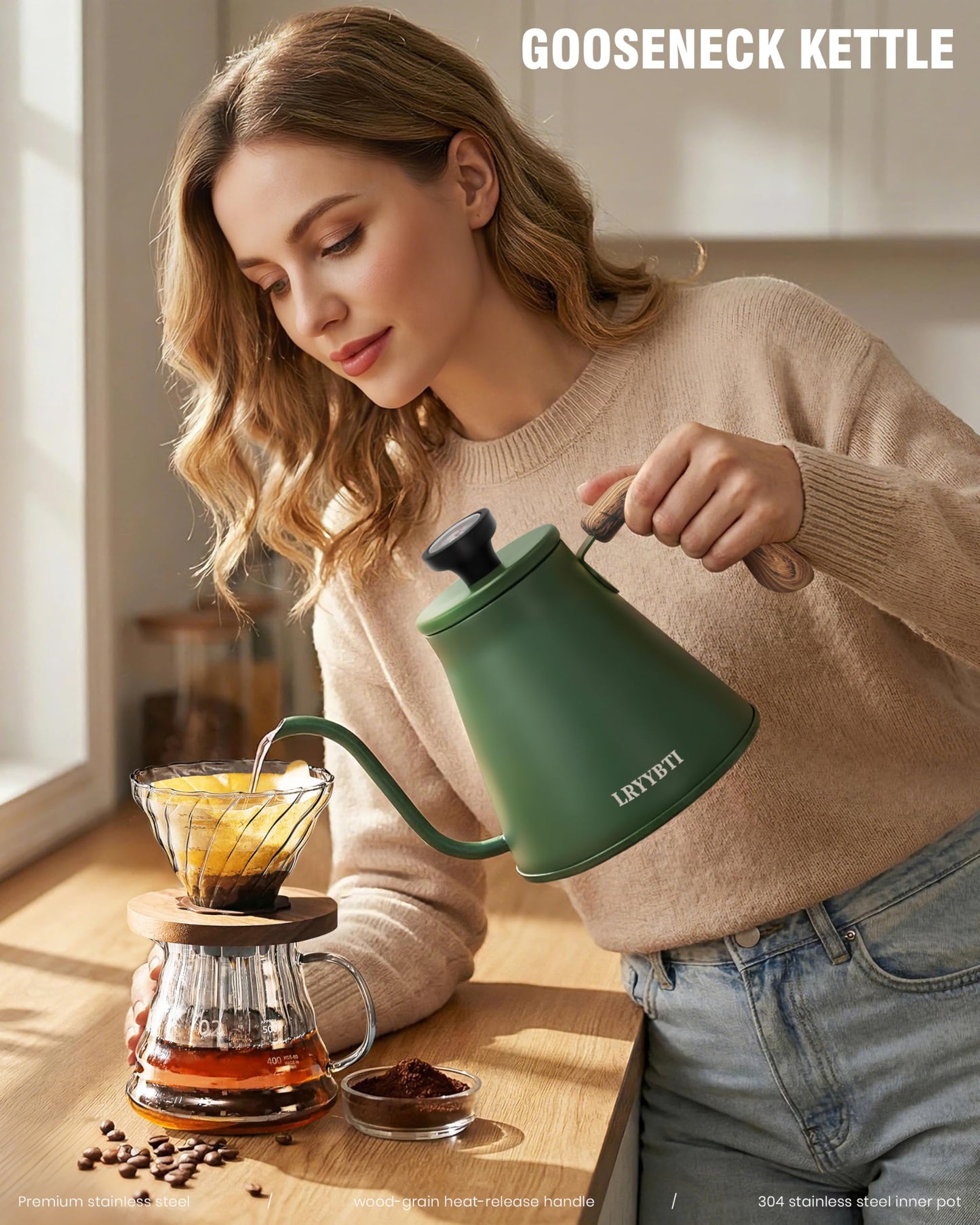 LRYYBTI Gooseneck Kettle Stovetop with Thermometer for Durable 3-Layer Base，Pour Over Kettle Stainless Steel Tea Kettle Compatible with all Stove Tops (Green, 37 fl oz)