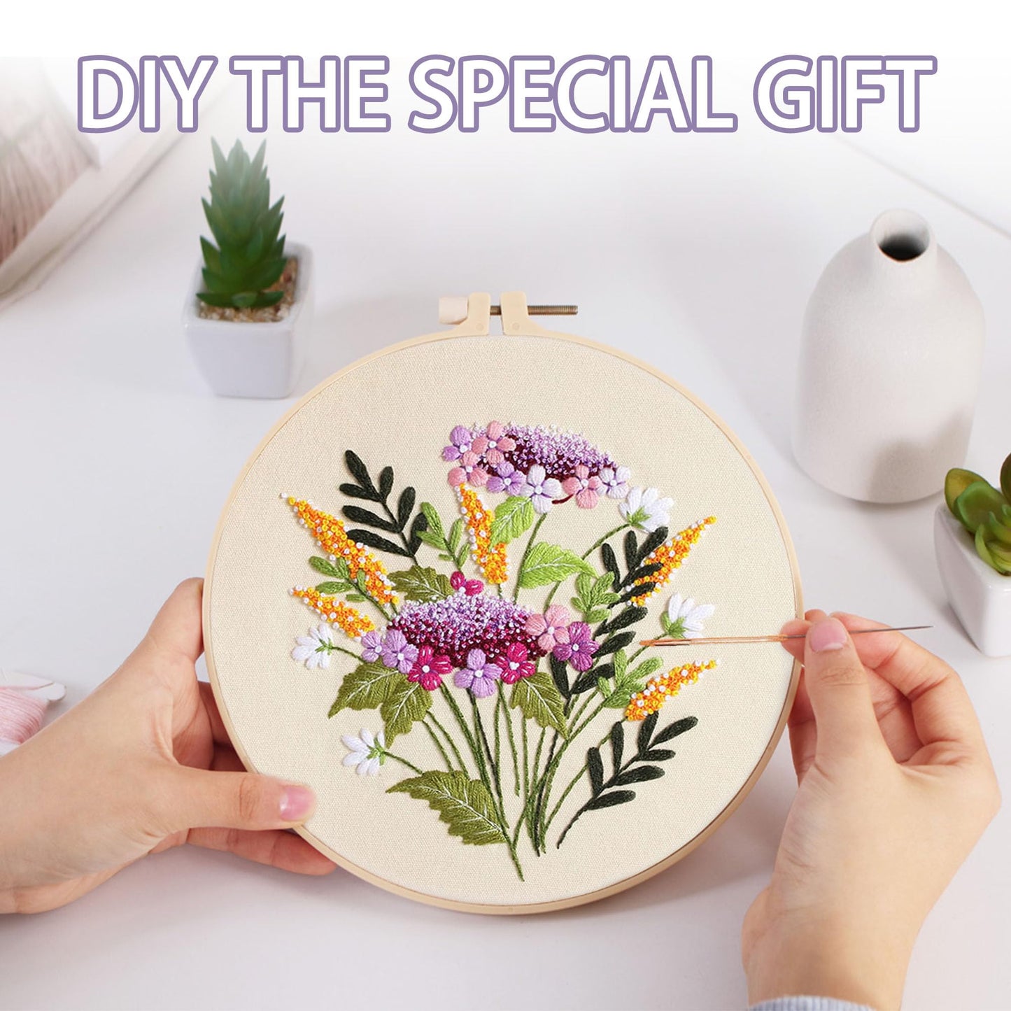 Offizon 3 PCS Embroidery Kit for Beginners - Cross Stitch DIY Craft Set, Flower Embroidery Accessories & Hoop Included, Hand Embroidery Kit for Adults Stitching Sewing Kit Gift | FlowerB Patterns