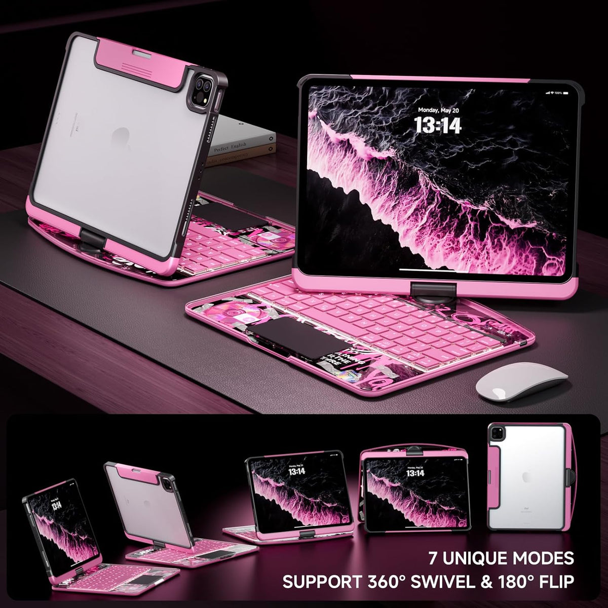 Transparent Case with Keyboard iPad Air (M3/M2,2025/2024) 11 Inch,Compatible 10.9" iPad Air 5th/4th & 11" iPad Pro 4/3/2/1,7-Color Backlit,Wireless Keyboard, 360°Rotating,with trackpad,Pink