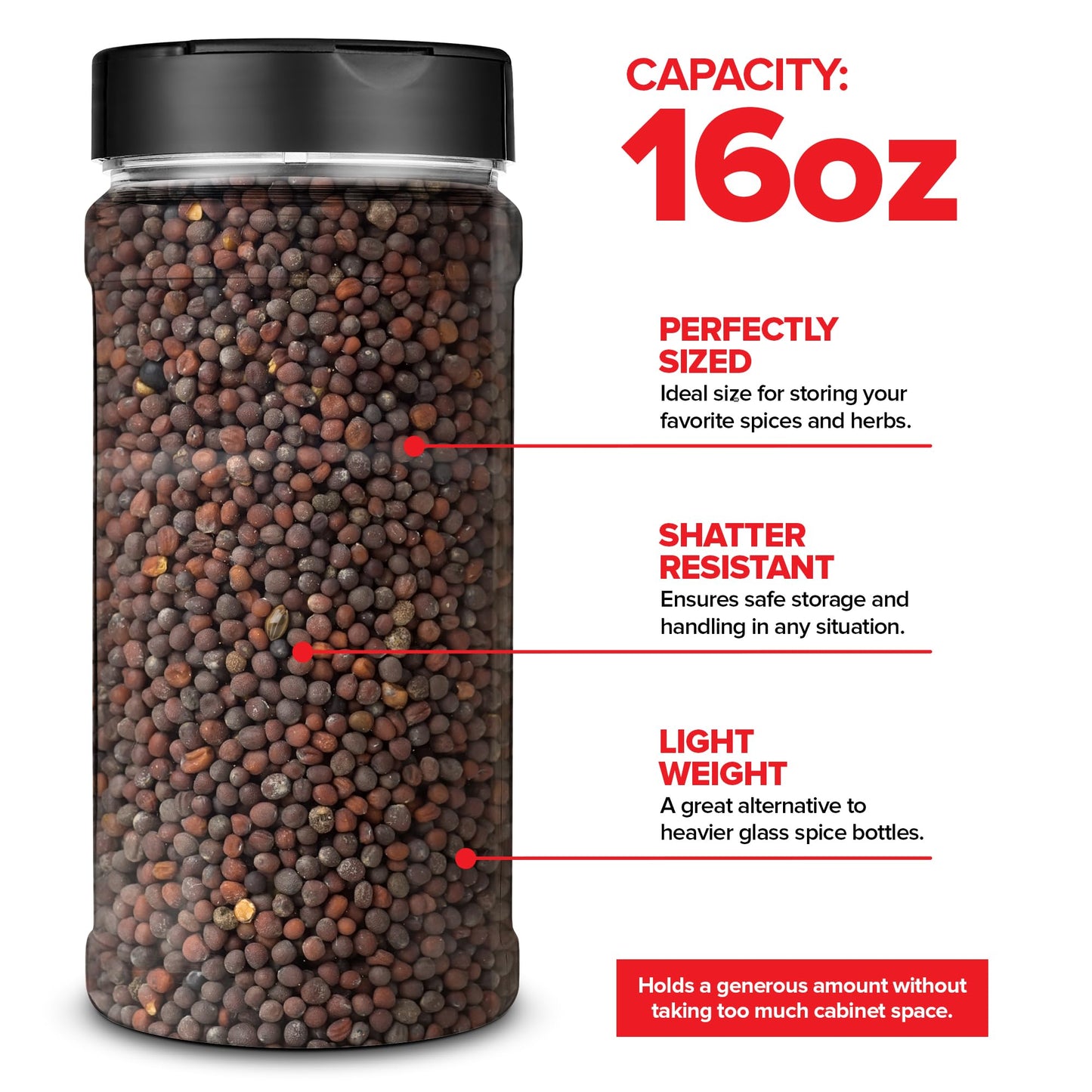 6 Pack 16 oz Plastic Spice Jars, Empty Seasoning Containers for Homemade Rub, Spices, Glitter, and More, Small Spice Containers with Black Shaker Lids and Heat-Induction Liner, Clear Spice Jars