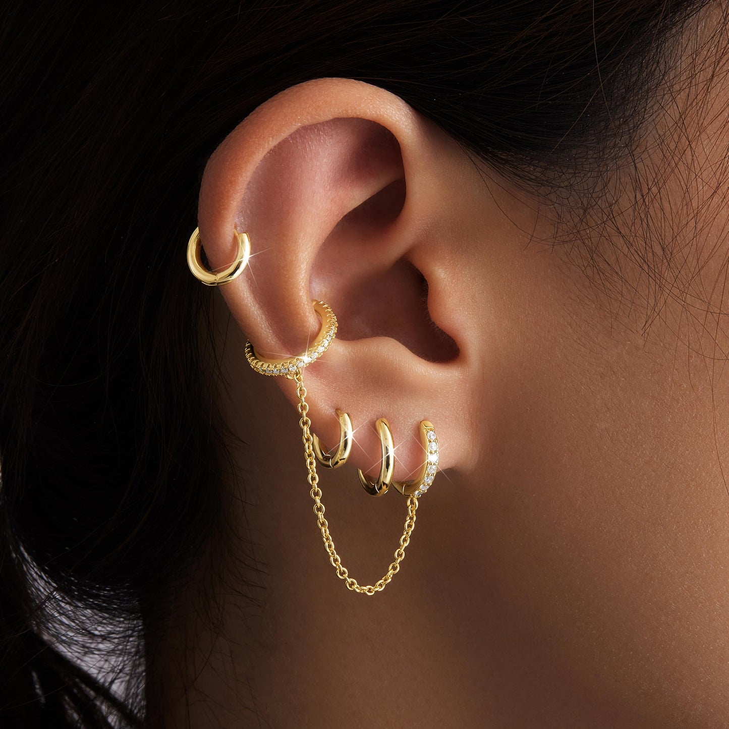 Gold Chain Hoop Ear Cuff Earrings for Women, Double Piercing Chain Huggie Small Stack Cartilage Hoop Cuff Earring Sets for Multiple Piercing, Conch Helix Rook Tragus Daith Clip On Jewelry Set Gifts