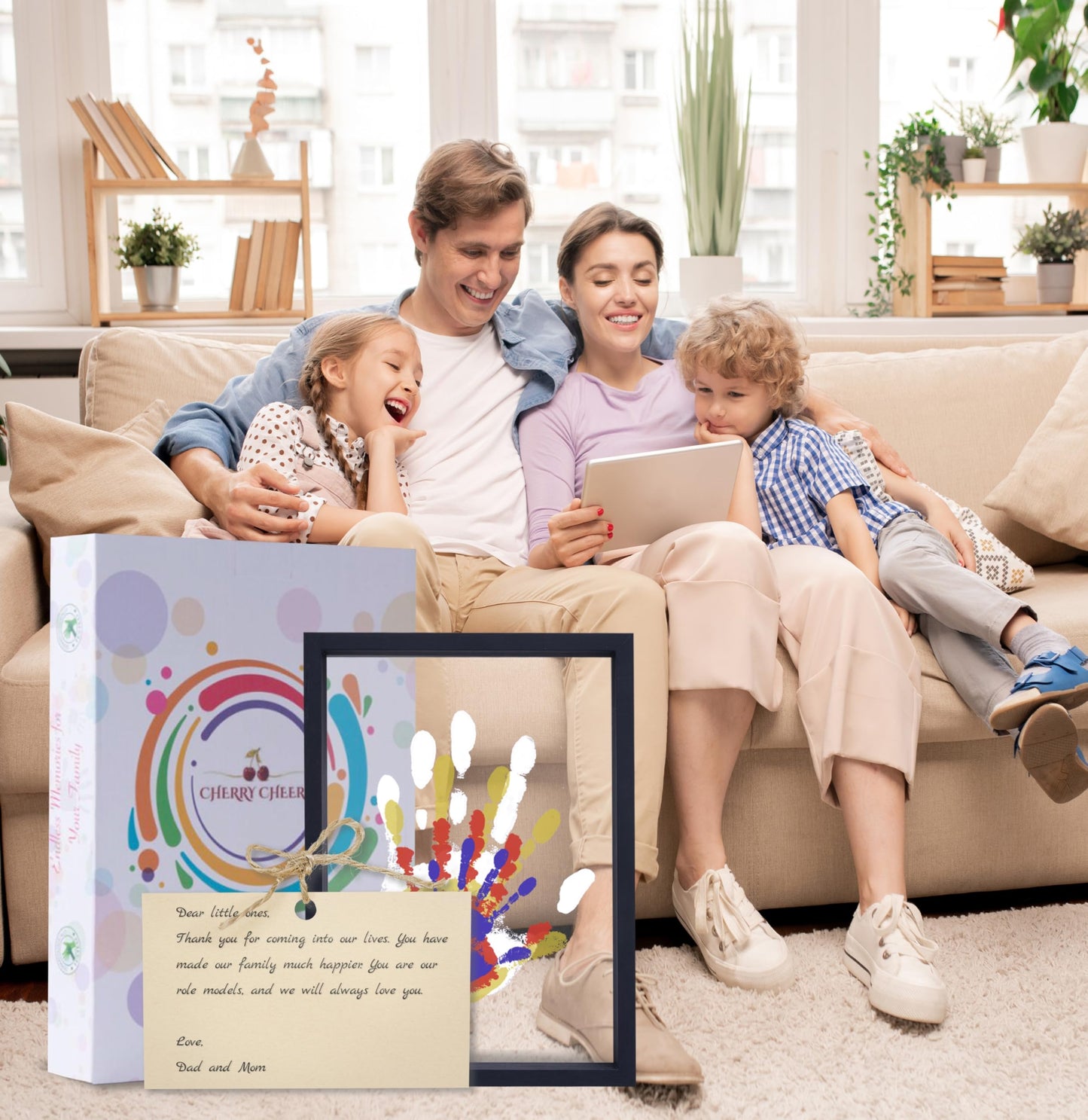 CHERRY CHEERS Family Handprint Kit, DIY Craft Keepsake Wooden Frame, Endless Gift Set, Non-Toxic Paints, Transparent Sheets (Black)
