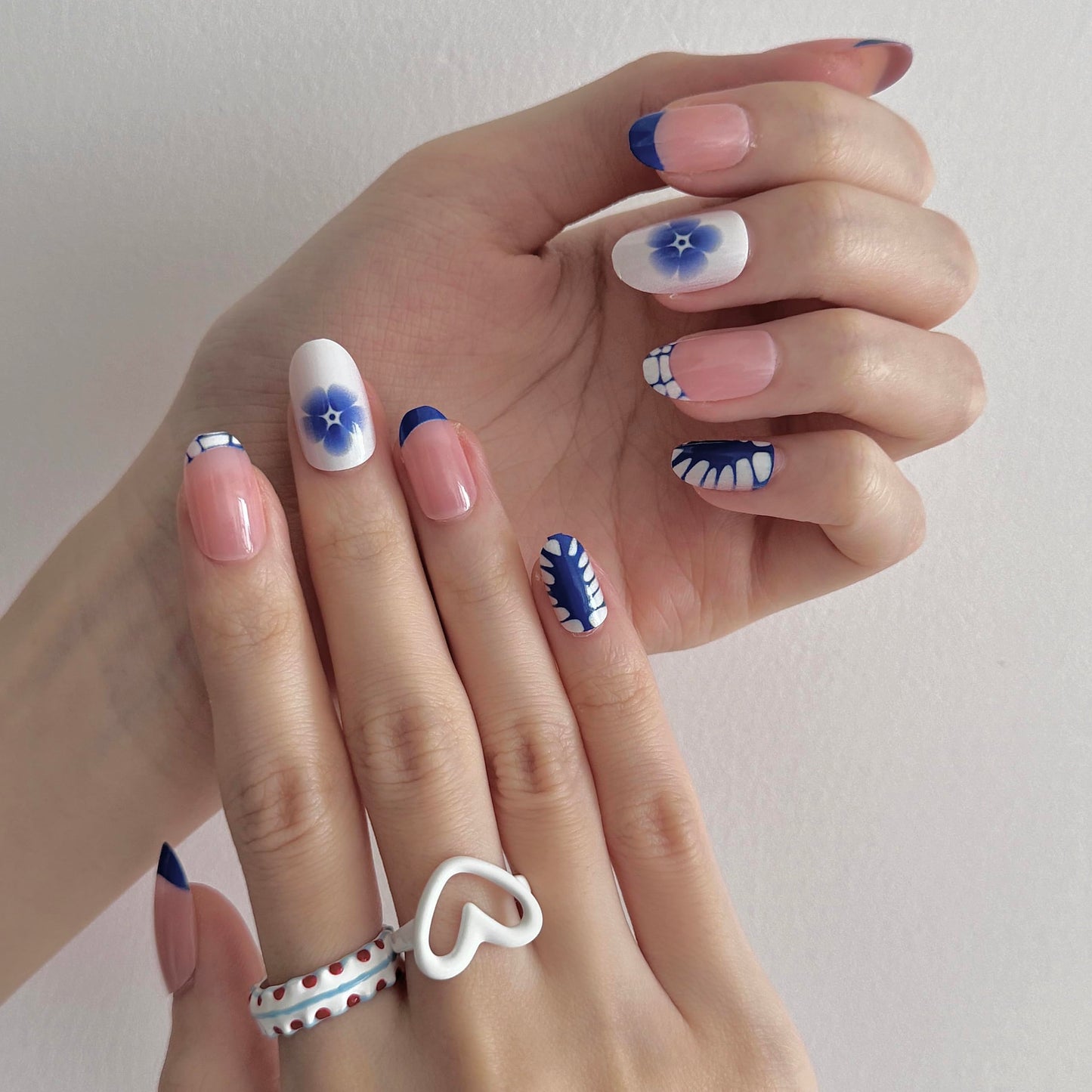 24 Pcs French Tips Almond Cute Press on Nails - Blue, Preppy, Handmade Flowers Designs - Short Round Nails