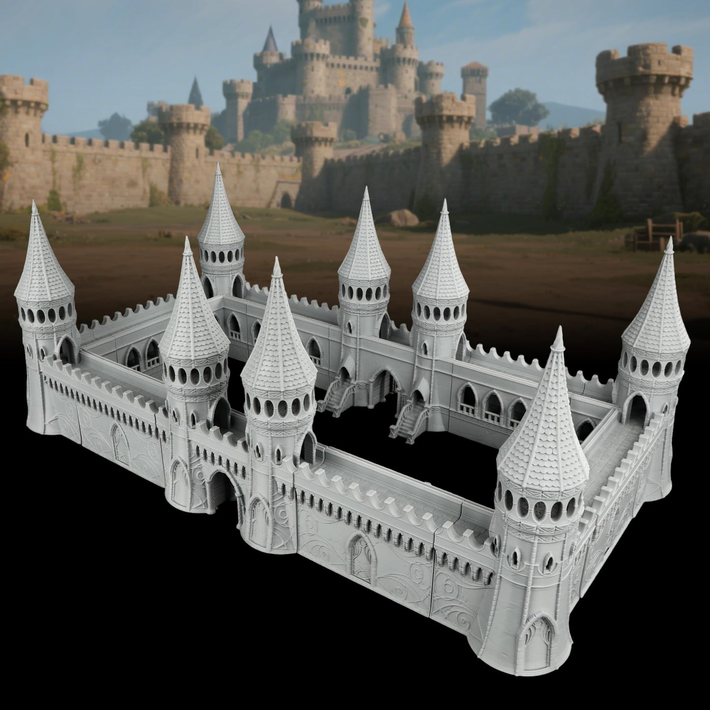 TTRPG Scenery Modular Epic Fortress - 25mm Scale Unpainted Dungeon Walls & Defense Towers, Massive RPG Terrain Set for Dungeon Masters & Wargame - City Walls Set (AF1104 A)