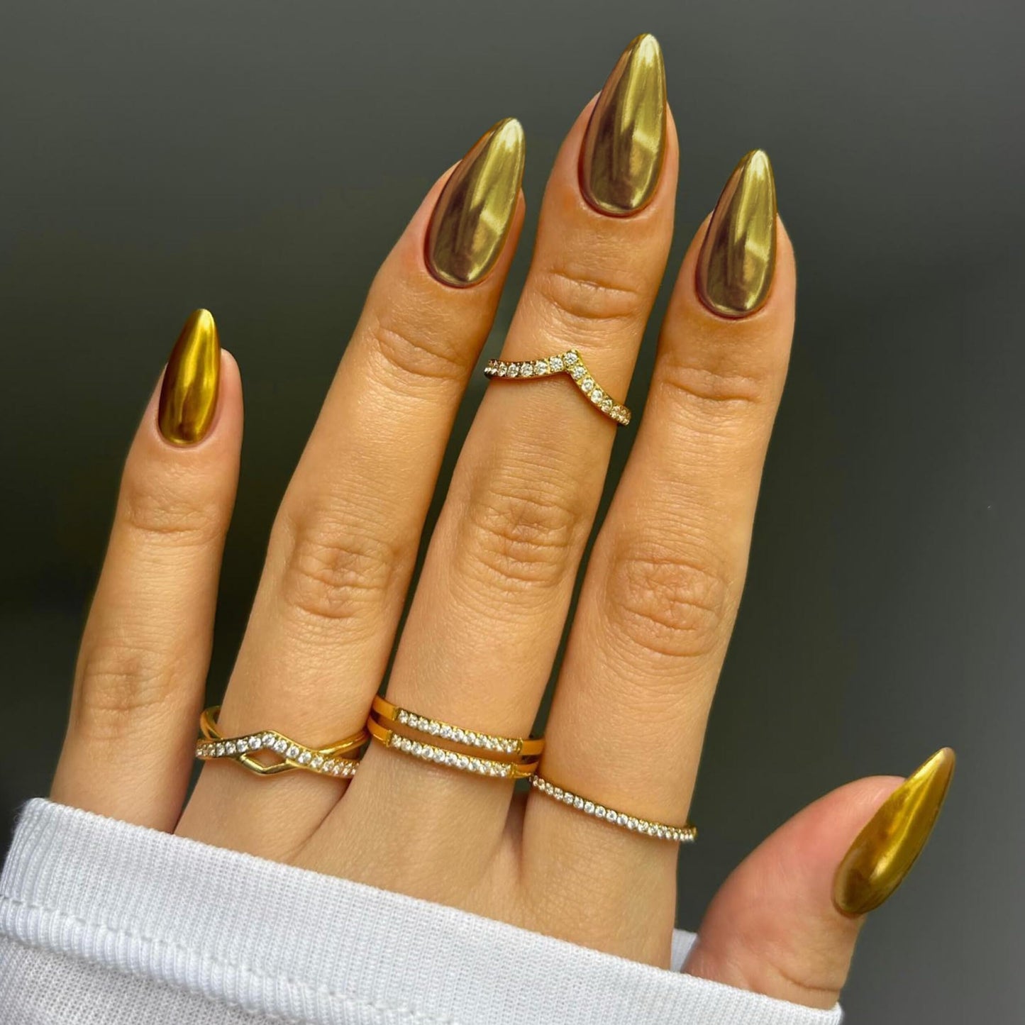 Chrome Gold Press on Nails Medium Almond, KQueenest Mirror Metal Stiletto Fake Acrylic Nails with Bling Design, Cute Medium Glue on Nails for Prom Party Wear, Glazed False Nails Press ons in 24 Pcs