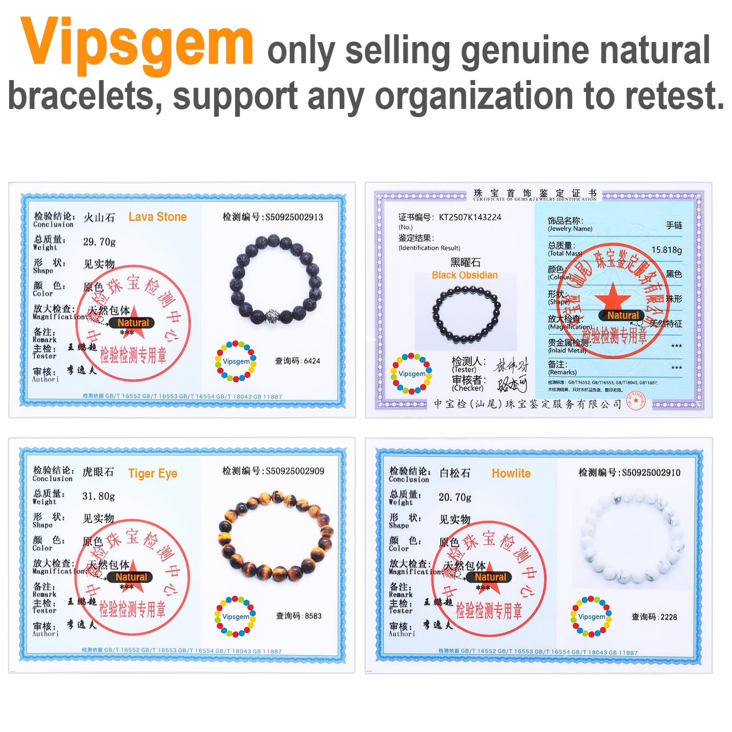 Vipsgem Tiger Eye Bracelet Genuine Natural Mens Bracelet For Men Unisex 8mm 10mm 12mm Medium Large Sizes Premium Black Obsidian Gift Waterproof Jewelry Set