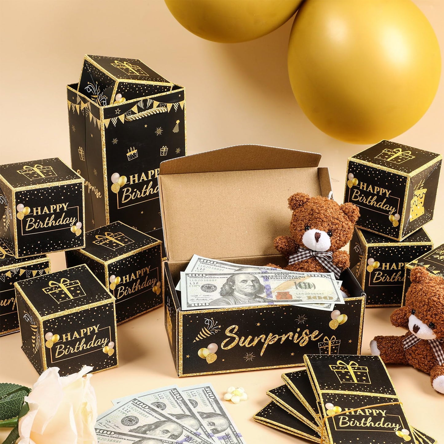 Jacyan Birthday Surprise Gift Box Explosion for Money, Exploding Money Gift Box for Cash Pop up Birthday Money Explosion Box Surprise Party Gift 12 Folding Bounce Boxes for Men Women Kids, Black Gold