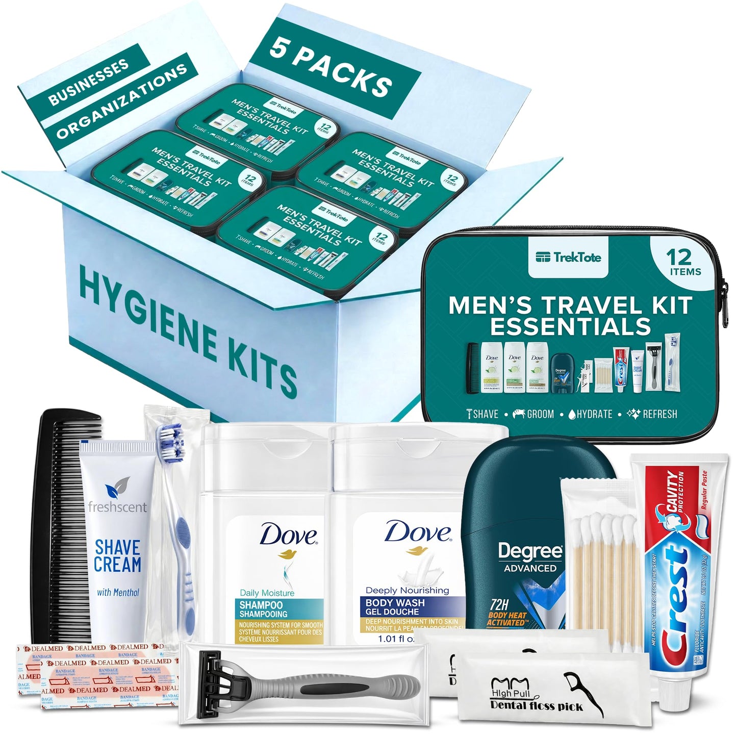 TrekTote Bulk Men’s Travel Hygiene Kits Case Pack of 12 Piece Kits TSA Approved Travel Size Toiletry Kits with Toothbrush Toothpaste Deodorant Razor for Outreach Emergency Use
