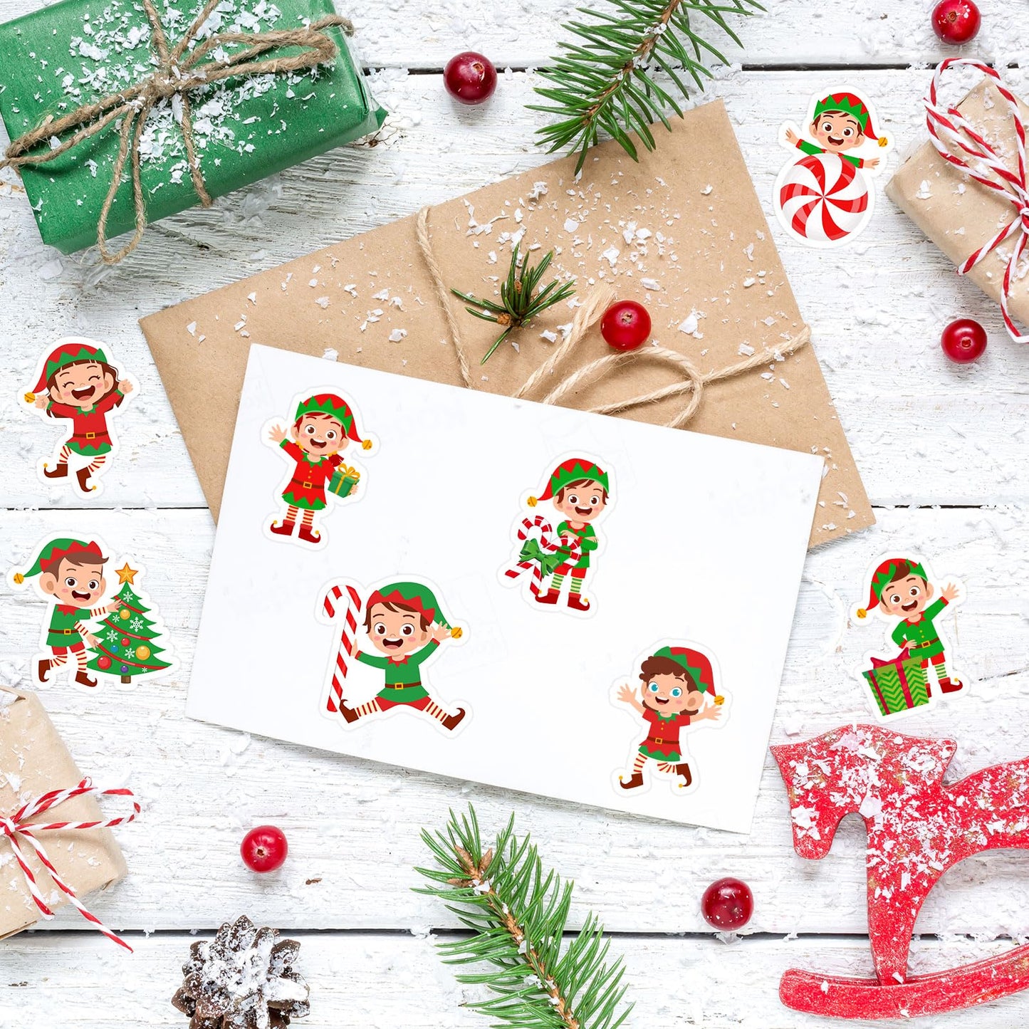1000Pcs Christmas Stickers Roll 8 Designs Elves Decals Assorted Funny Cartoon Xmas Elf Adhesive Decorative Stickers for Gift Greeting Card Party Supplies